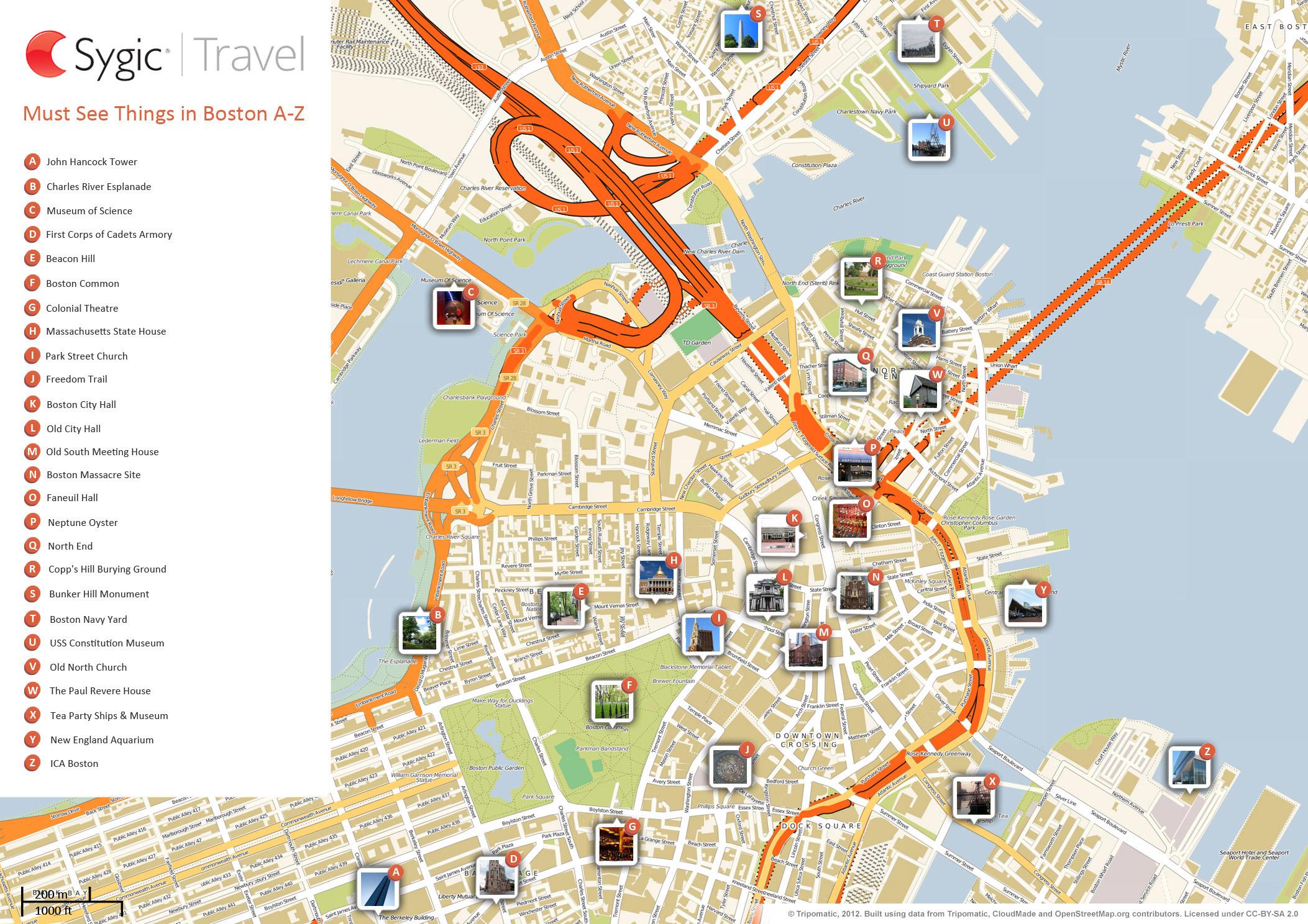 Kaart van Boston toeristisch attracties en monumenten van Boston