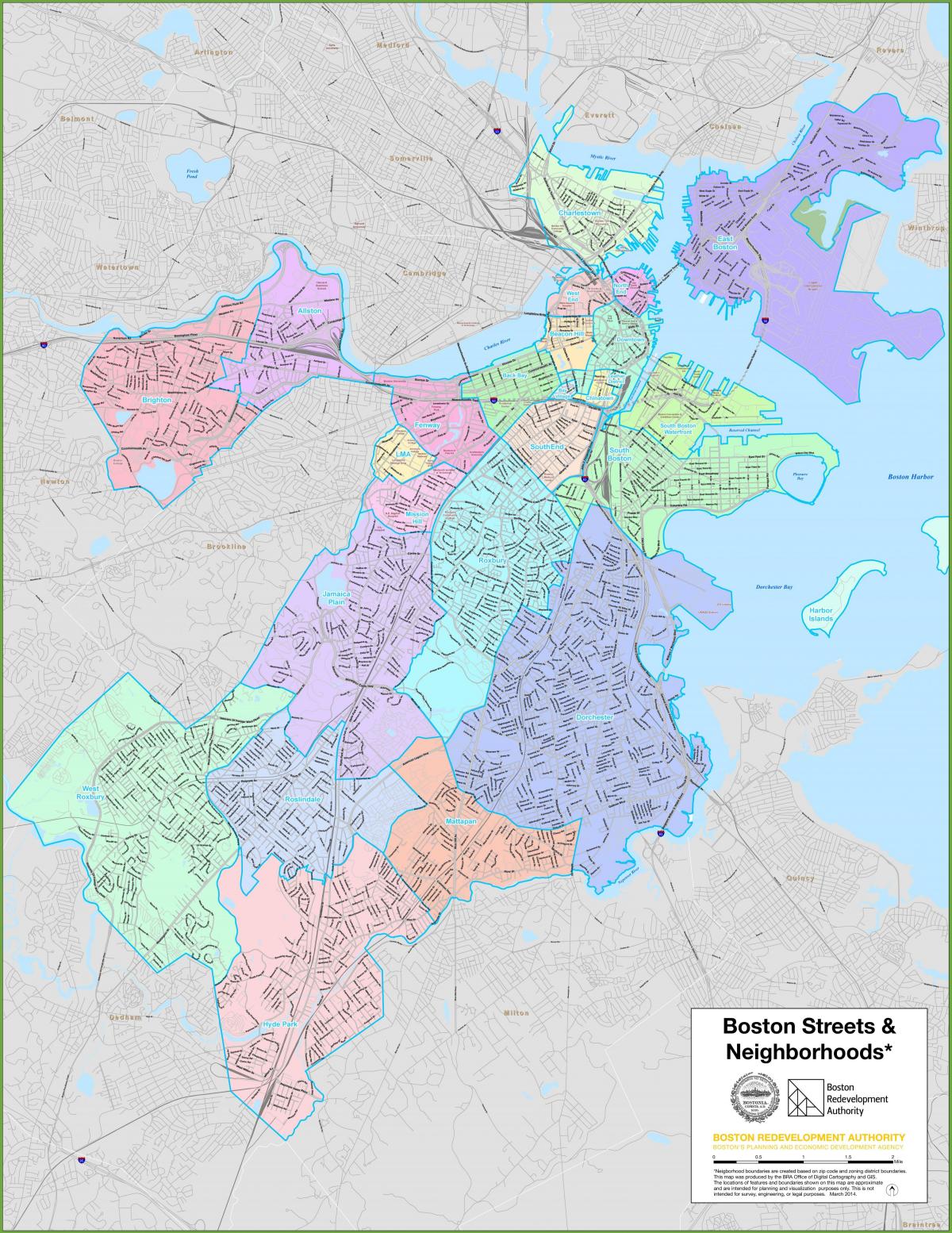 Kaart van de wijken in Boston